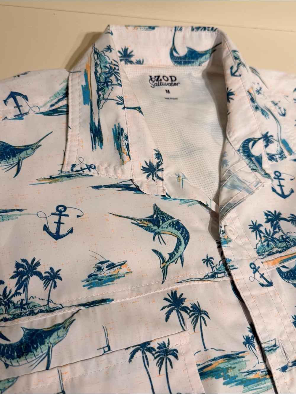 Izod White Short-Sleeve Button-Down with Blue Tropical Marlin & Anchor Print